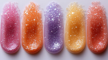 Lip gloss swatches with glitter in vibrant gradient colors