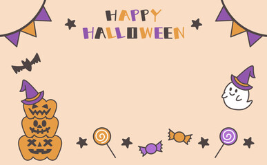 ハロウィンフレームのHappy Halloweenロゴとイラスト