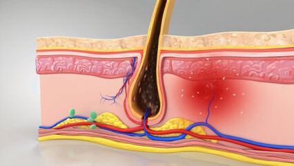 Detailed 3D medical illustration of inflamed hair follicle with skin layers, showing redness, swelling, sebaceous gland infection, blood vessels, and anatomical cross-section for dermatology education