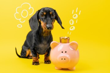 A black and tan dachshund sits on a yellow background beside a pink piggy bank wearing a crown, with playful white doodle thought bubbles above both heads