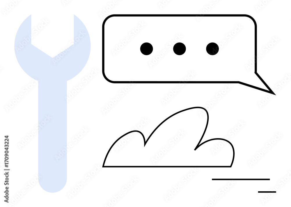 Poster minimal design of a wrench, cloud, and speech bubble with dots. ideal for technology, communication,