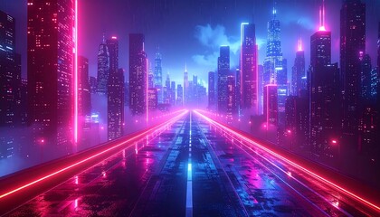 Fototapeta premium A futuristic cityscape, bathed in vibrant neon hues, stretches toward the horizon. Reflective surfaces, a long road, and tall buildings dominate