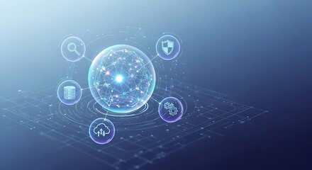 Glowing digital sphere represents interconnected data flowing across a network, symbolizing modern technology and global communication in a futuristic, cool environment.