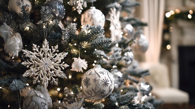 Closeup of a christmas tree adorned with silver ornaments, snowflakes, and soft, warm lighting