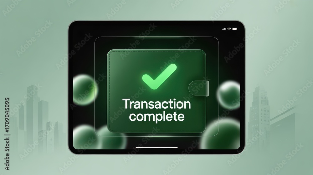 Poster wallet integration success finance transaction concept. digital tablet displaying completed transact