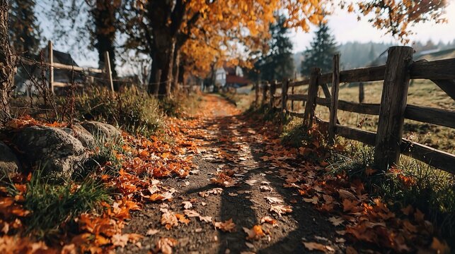 Enchanting autumn path covered in fallen leaves, perfect for seasonal promotions and warm, nostalgic campaigns