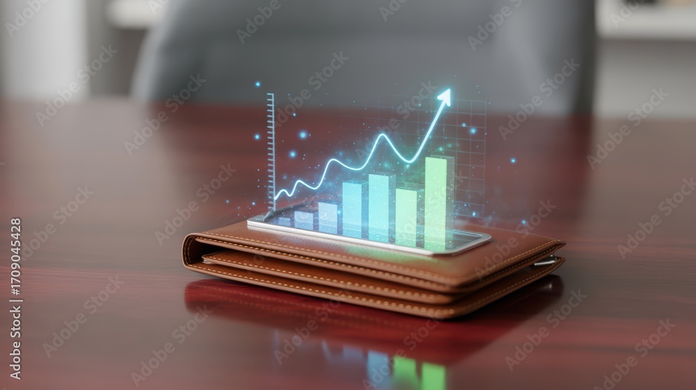 Poster wallet integration success finance transaction concept. digital wallet with growth chart and data vi