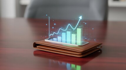 wallet integration success finance transaction concept. Digital wallet with growth chart and data visualization overlay.