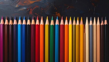 Colorful pencils arranged in a row on a dark background