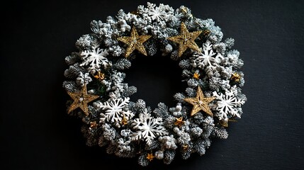 Elegant christmas wreath with snowcovered branches, white snowflakes, and golden stars on black background