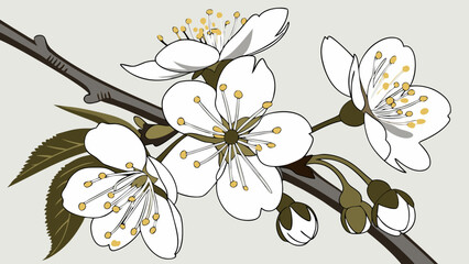 White Blossoms Branch Spring Flowers Illustration Floral Design Element Nature Artwork.