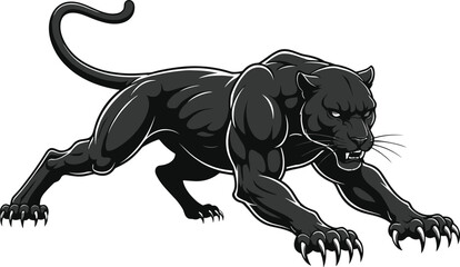 Powerful black panther illustration, muscular wild cat, fierce predator, jungle animal, hunting pose, aggressive big cat, wildlife vector art © Rafin's World
