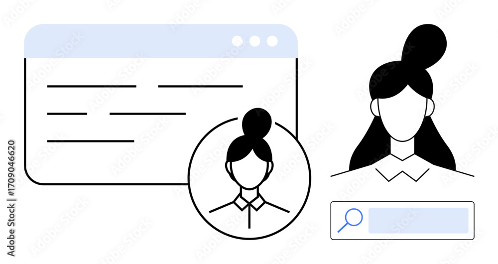Poster profile image of a woman next to a browser interface and a search bar. ideal for user accounts, pers