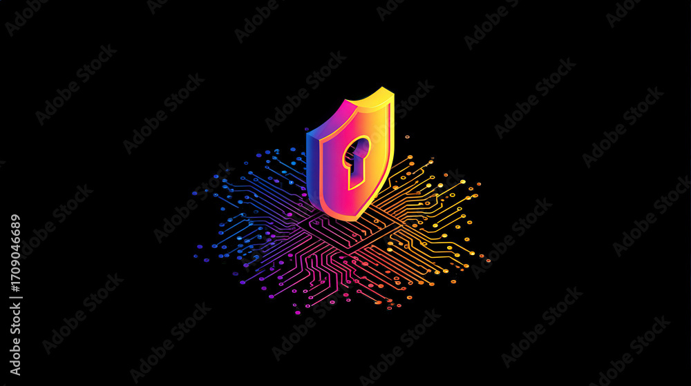 Poster digital security shield on circuit board background with vibrant colors