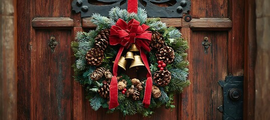 Charming christmas wreath with pine cones, red bow, and golden bells on a rustic wooden door