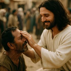
biblical scene of jesus healing a man from blindness