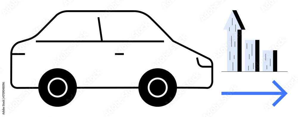 Poster car in motion illustrated by an arrow pointing forward, rising bar chart symbolizing growth and prog