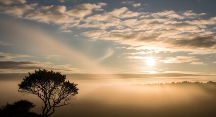 Fototapeta premium A serene sunrise over a foggy valley, with a lone tree silhouetted against the golden light and a faint rainbow in the sky.