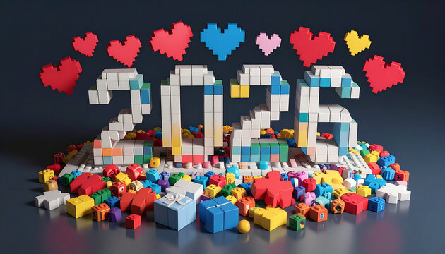 2023 Constructed from Blocks with Pixel Hearts New Year Concept.