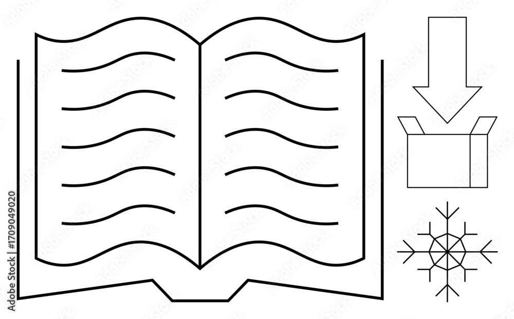 Aufkleber open book with wavy lines downward arrow points to open box with snowflake nearby. ideal for educati