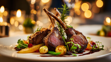 Elegant gourmet lamb chops plated with baby vegetables, rosemary garnish, and artistic sauce drizzle in a warm, candlelit, fine dining setting. Ideal for restaurant ads and culinary branding.