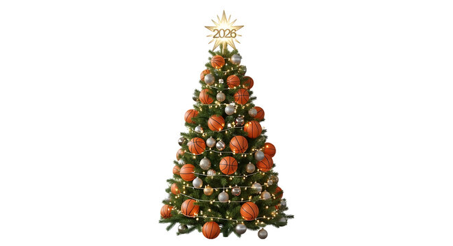 Festive christmas tree decorated with basketball ornaments and lights, isolated on transparent background