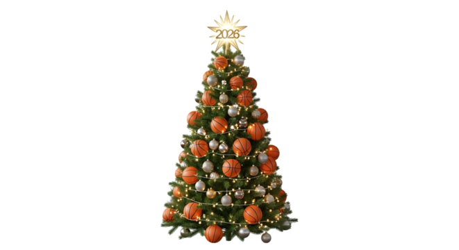 Festive christmas tree decorated with basketball ornaments and lights, isolated on transparent background