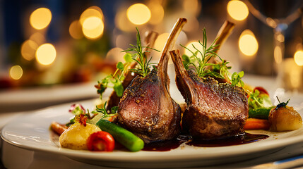 Elegant gourmet lamb chops plated with rosemary, microgreens, and colorful vegetables in a fine dining setting. Ideal for restaurant ads, menus, and culinary branding.