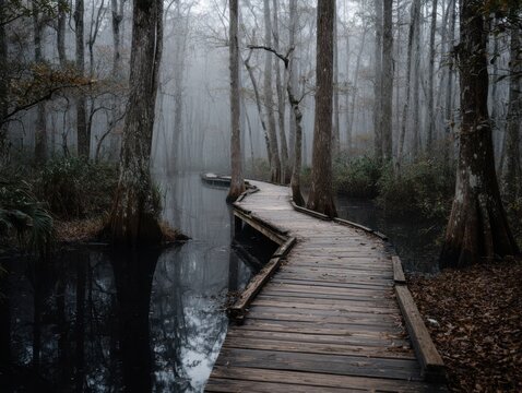 A Foggy Cypress Swamp With A Mysterious Boardwalk Path