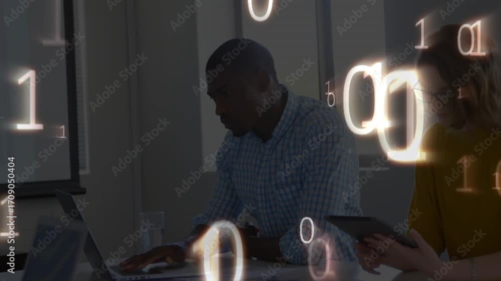Poster coworkers typing laptop and scrolling tablet causing binary digits streaming around office