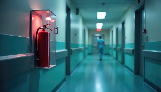 A fire extinguisher in a glass case in a hospital hallway with a person walking away in the distance - Powered by Adobe