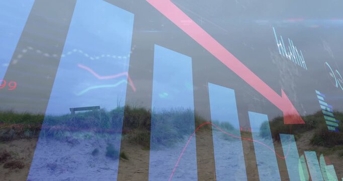 After dashboard appearing over dunes, finance bars pulsing and red arrow descending showing decline
