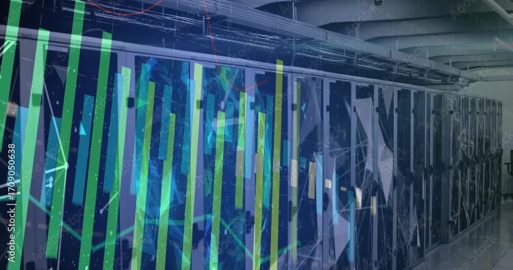 Poster green bars fading in activating network graph shifting over server racks for visualizing live data