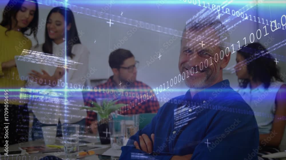 Poster at start business team analyzing project data on tablet as binary code graphics sliding across view