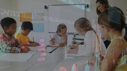 Children picking pencils and drawing as teacher guiding education through animated data charts - Powered by Adobe