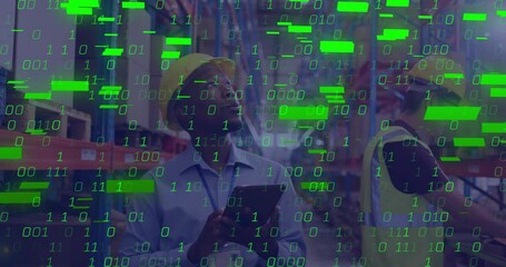 Warehouse team tapping tablet, scanning shelves while data overlay streaming for inventory tracking - Powered by Adobe