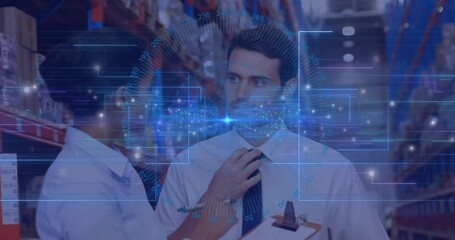 Warehouse employees referencing clipboard while pulsing holographic overlay for inventory tracking - Powered by Adobe