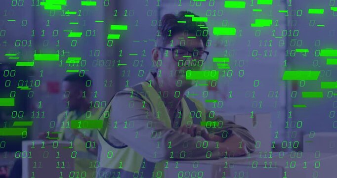 Mature Korean warehouse worker tapping wrist scanner activating data overlay for inventory tracking