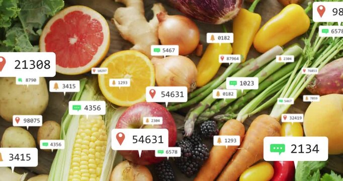 Second frame starting badge animations on produce overhead view, showing rising metrics then fading