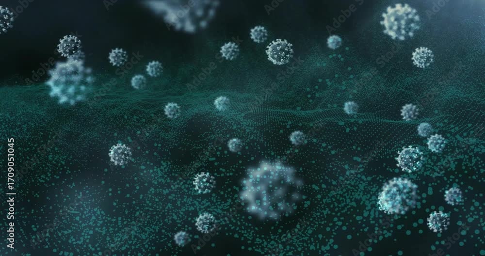 Poster simulation starting spiky spheres entering frame and dispersing across digital grid showing data