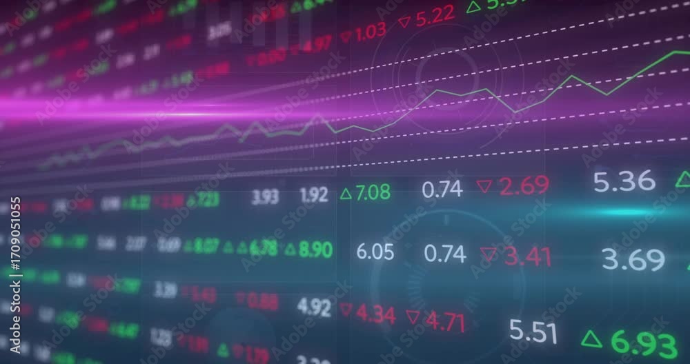 Aufkleber on magenta beam sweeping grid data display showing values scrolling for real-time market tracking