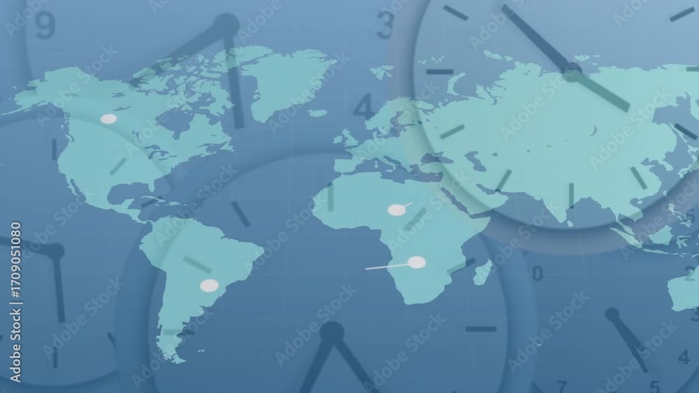 Poster beginning with blue digital map ticking clocks nodes pulsing lines shifting illustrating network