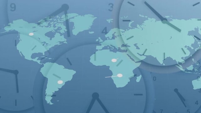Beginning with blue digital map ticking clocks nodes pulsing lines shifting illustrating network