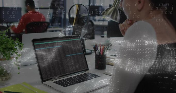 Female developer studying code starting binary overlay drifting across desk showing data processing