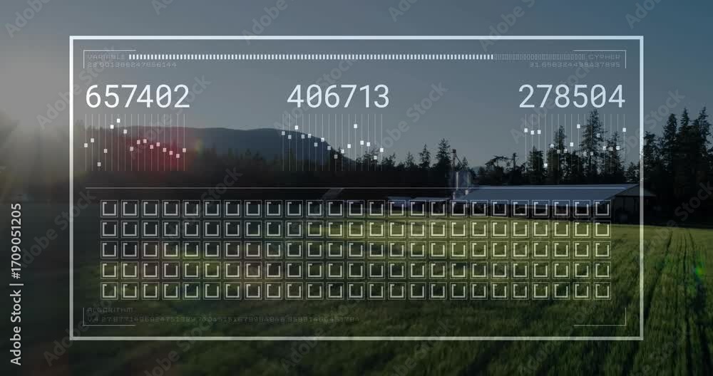 Poster hud overlay fading in over farmland, counters updating with dot graphs reconfiguring for insight