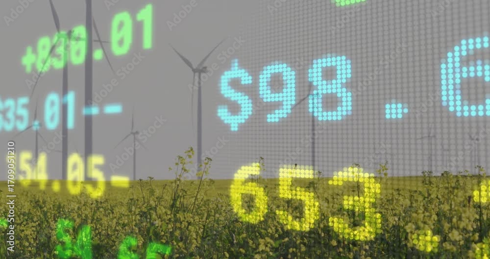 Aufkleber numeric data fading over wind turbines and rapeseed field showing real-time market fluctuations
