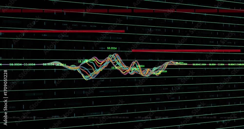 Poster triggered by data update colored waveform shifting peaks and pulsing bar showing live fluctuations