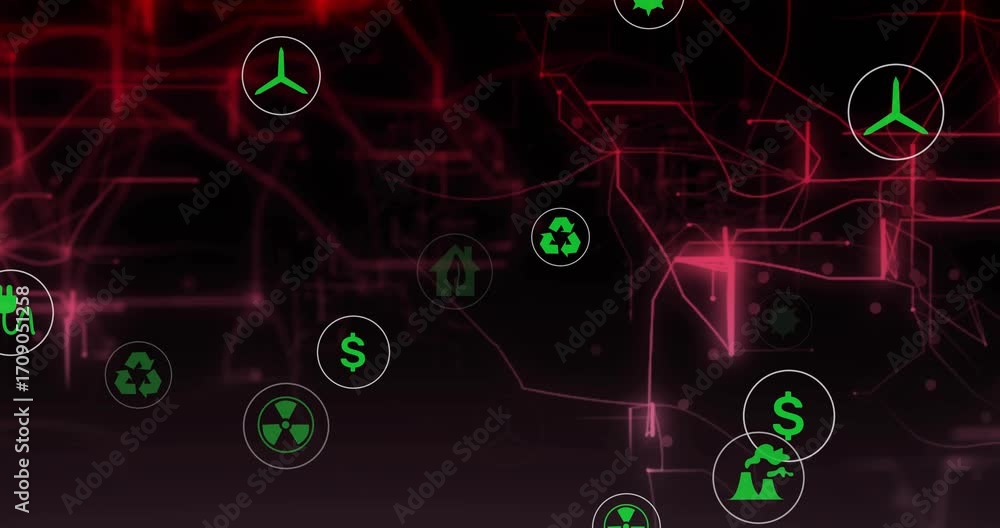 Poster neon icons fading initiating drifting icons along pulsating red net showing co? energy data flow