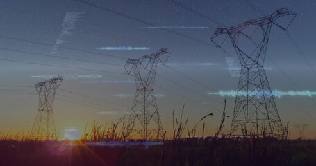 Sun crossing horizon starting digital waveforms drifting over power towers as sky gradient shifting - Powered by Adobe