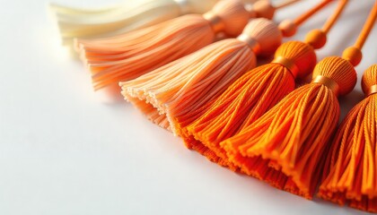 A close up view of a row of decorative tassels in shades of orange on a white surface background